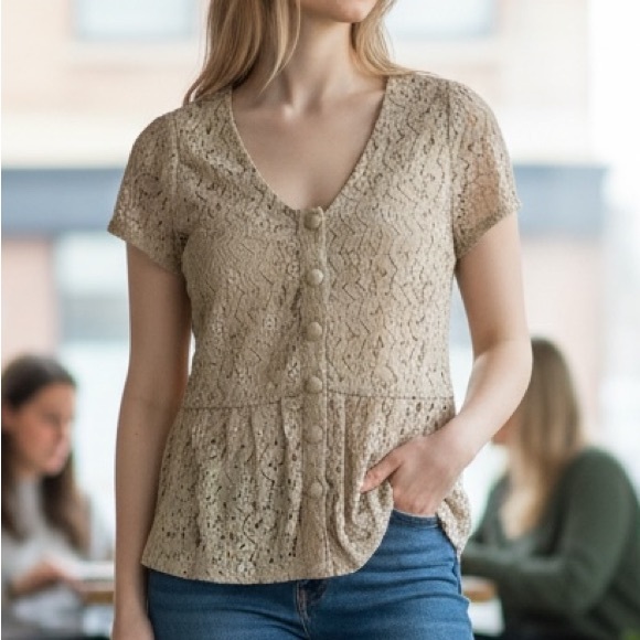 Ina Tops - Tan Lace Button up Peplum Top